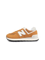 Brown and white New Balance men's 574 sneakers with suede and mesh upper, casual athletic footwear for everyday wear.
