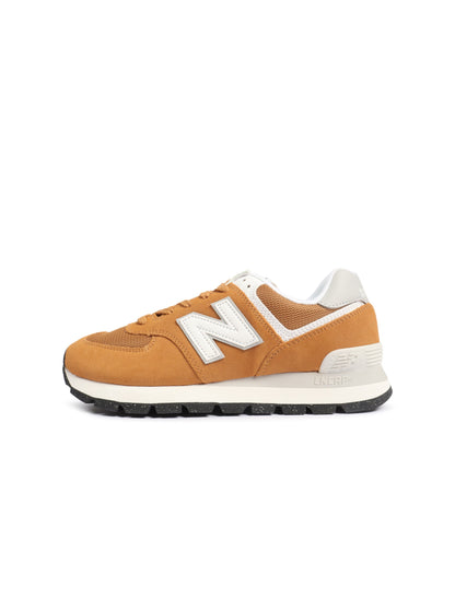 Brown and white New Balance men's 574 sneakers with suede and mesh upper, casual athletic footwear for everyday wear.