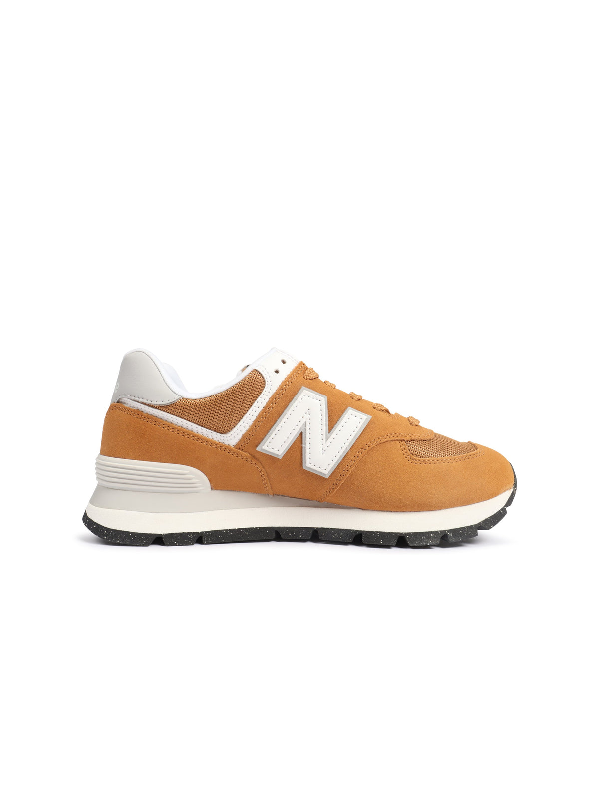 Brown and white New Balance men's 574 sneakers with suede and mesh upper, casual athletic footwear for everyday wear