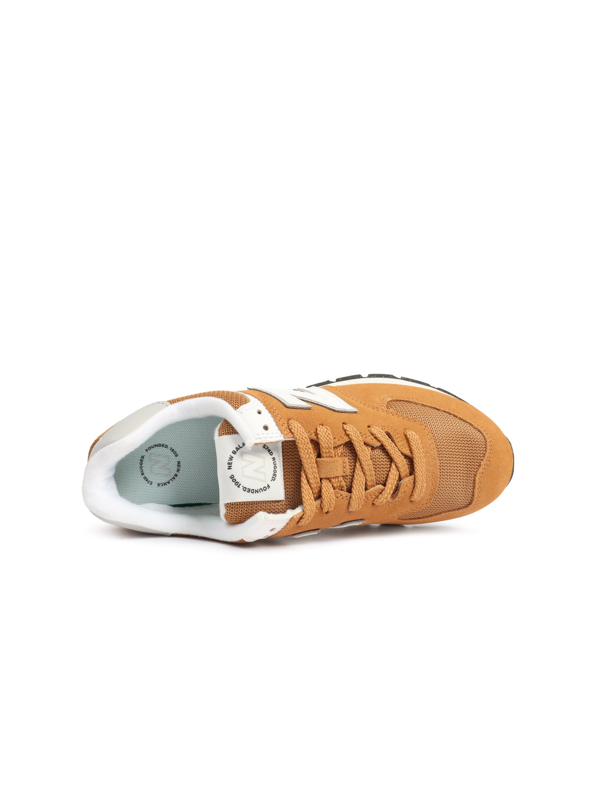 Brown and white New Balance Men's 574 sneakers with classic styling and supportive design.