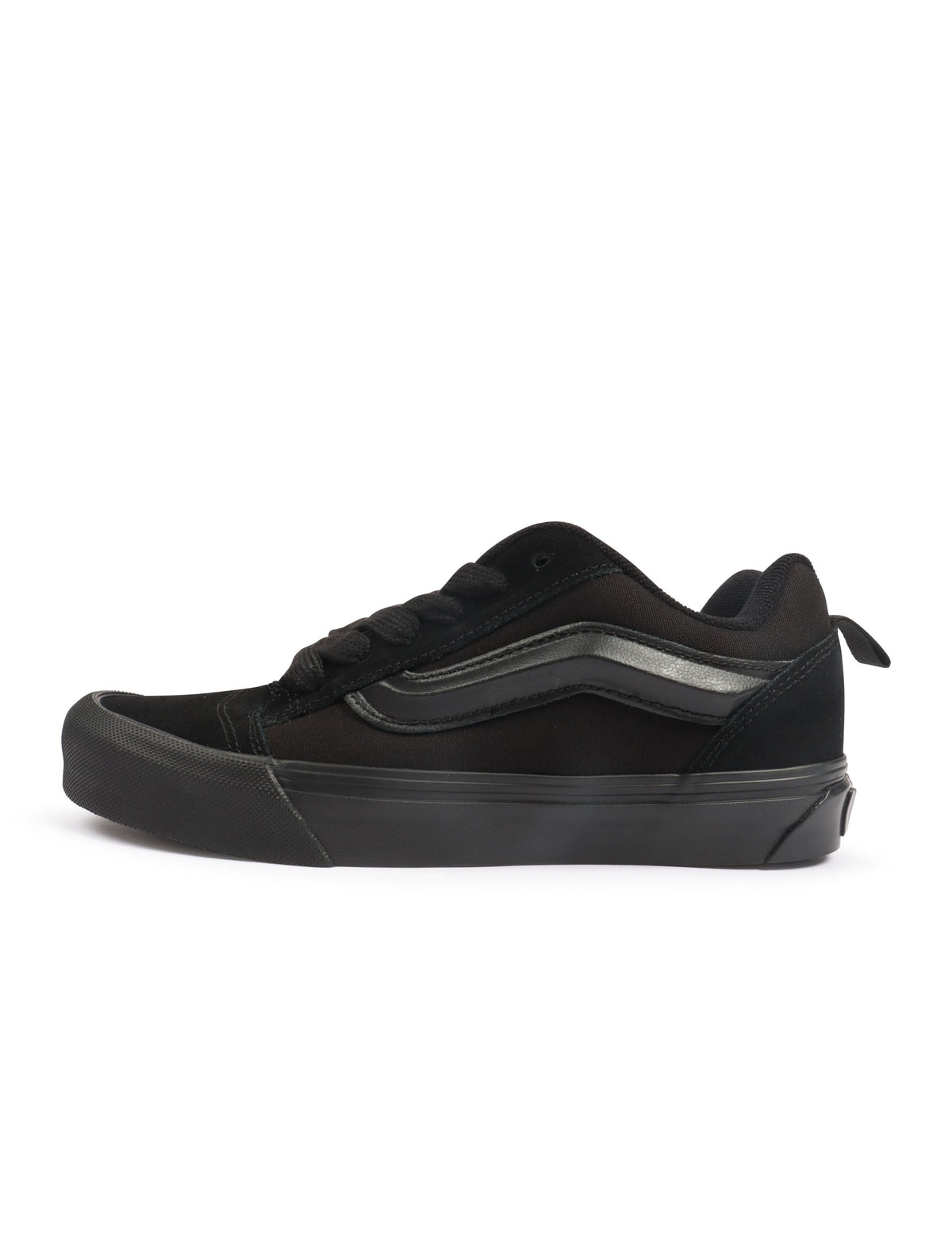 Black Vans men's Knu Skool suede and canvas sneakers with white rubber soles, featuring classic lace-up design.