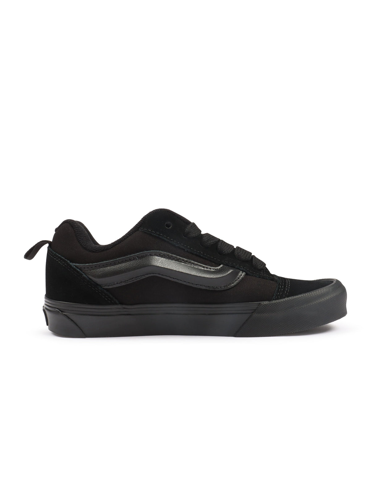 Black Vans men's Knu Skool suede and canvas sneakers, featuring a classic design and black laces, shown on a plain background.
