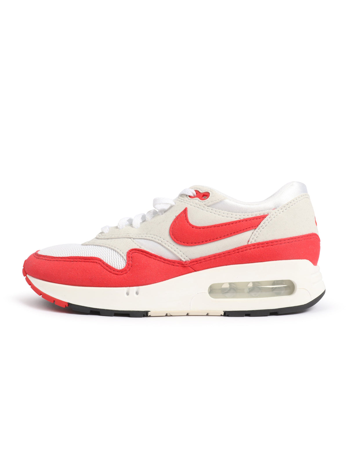Nike Mens Air Max 1 '86 OG white and university red athletic sneakers, showcasing classic design and breathable mesh uppers.