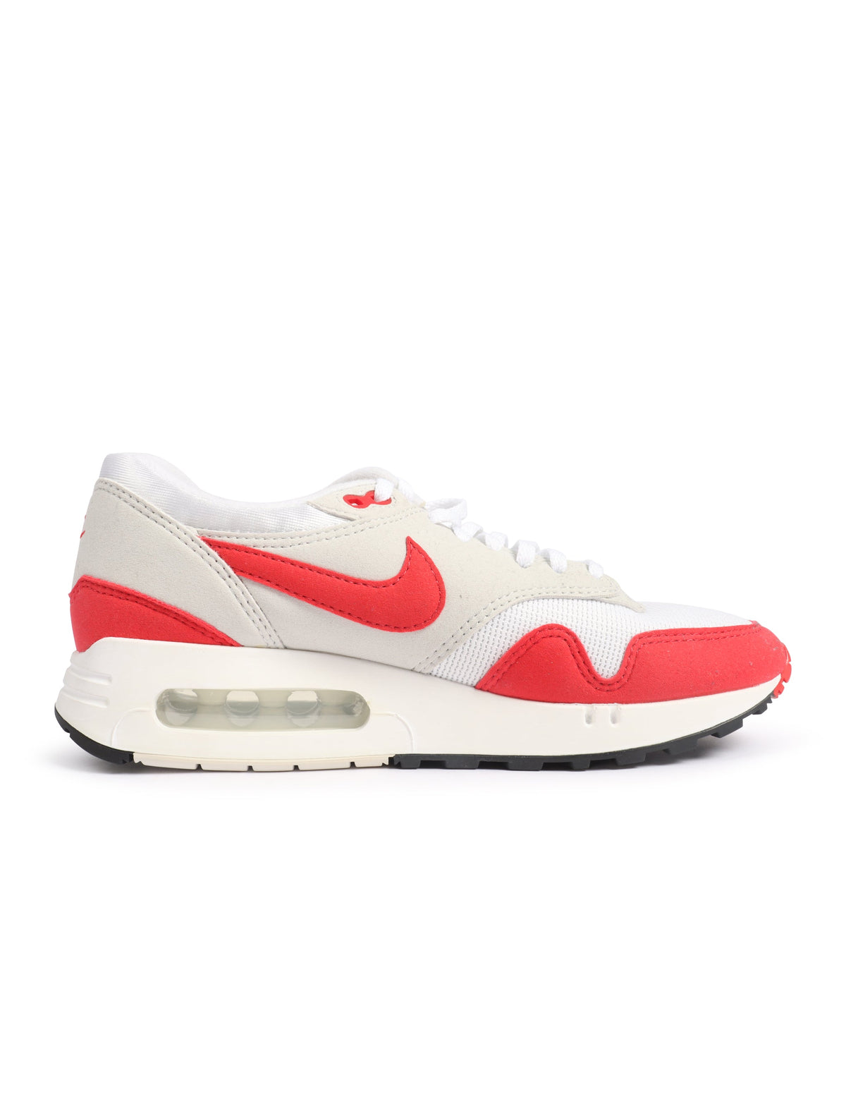 Nike Mens Air Max 1 '86 OG white and university red sneakers, classic athletic footwear with visible Air Max cushioning.