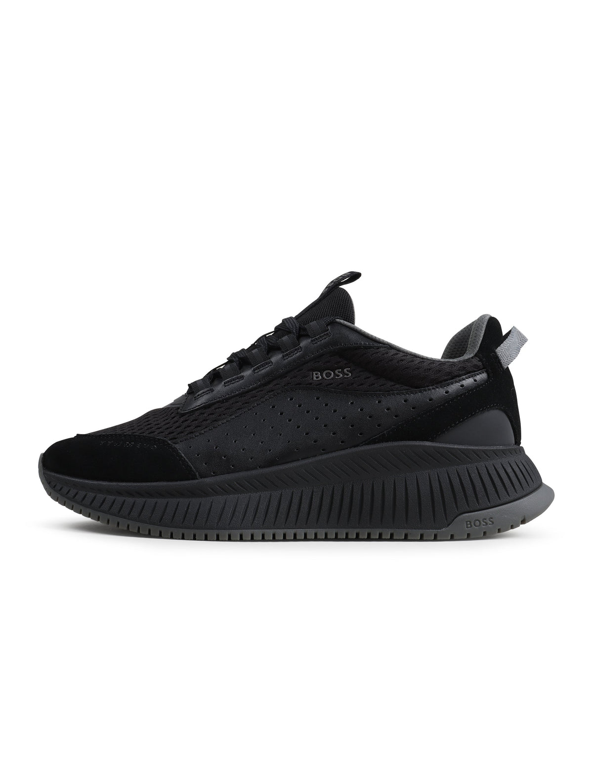 Men's black Boss TTNM Evo running shoe by Denim Exchange, side view