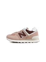 Womens New Balance 574 sneakers in Rich Oak color, featuring classic design and suede and mesh materials.