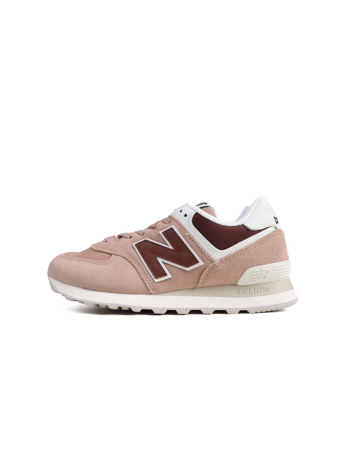 Womens New Balance 574 sneakers in Rich Oak color, featuring classic design and suede and mesh materials.
