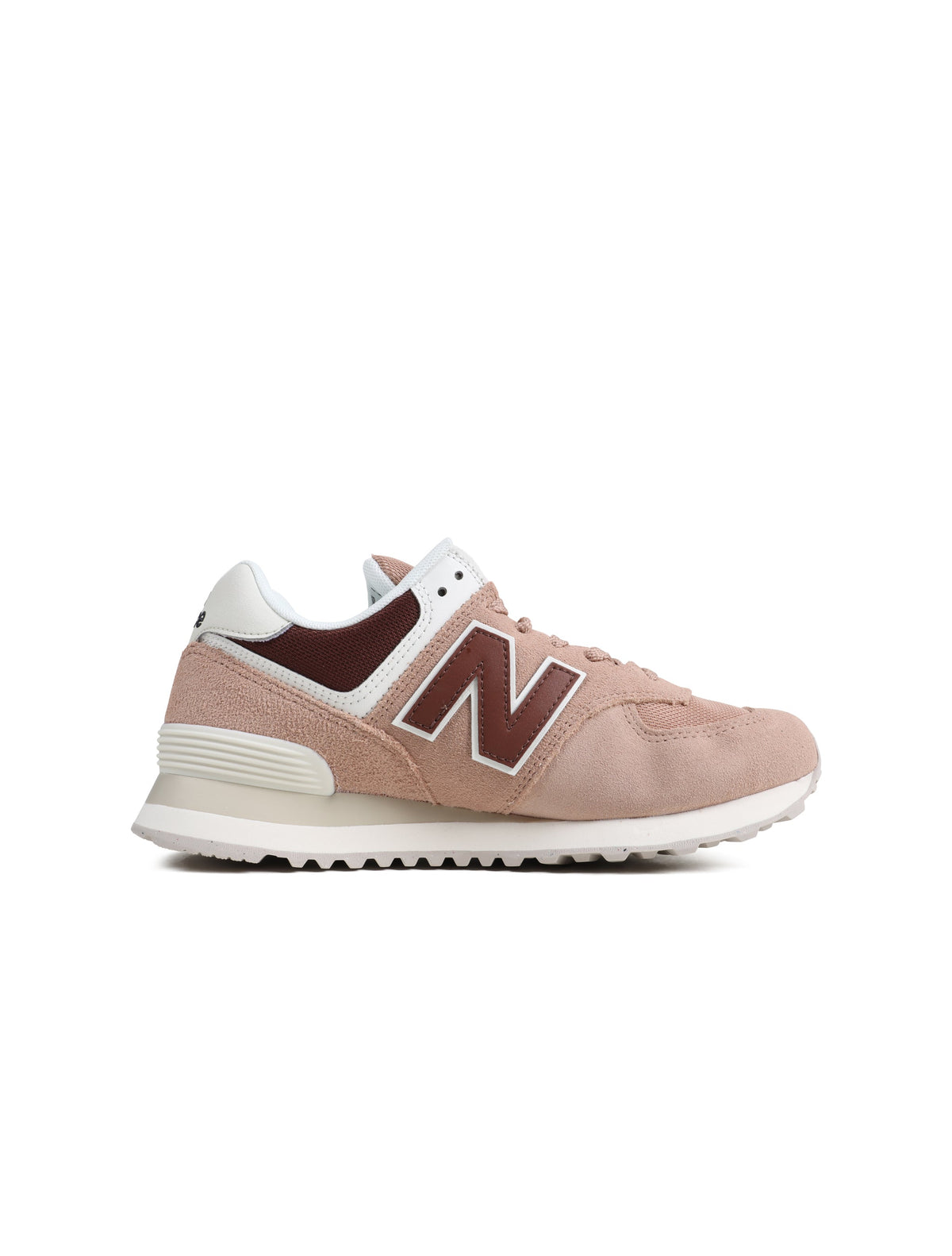 Women's New Balance 574 sneakers in Rich Oak color, showcasing casual footwear with white and brown accents.