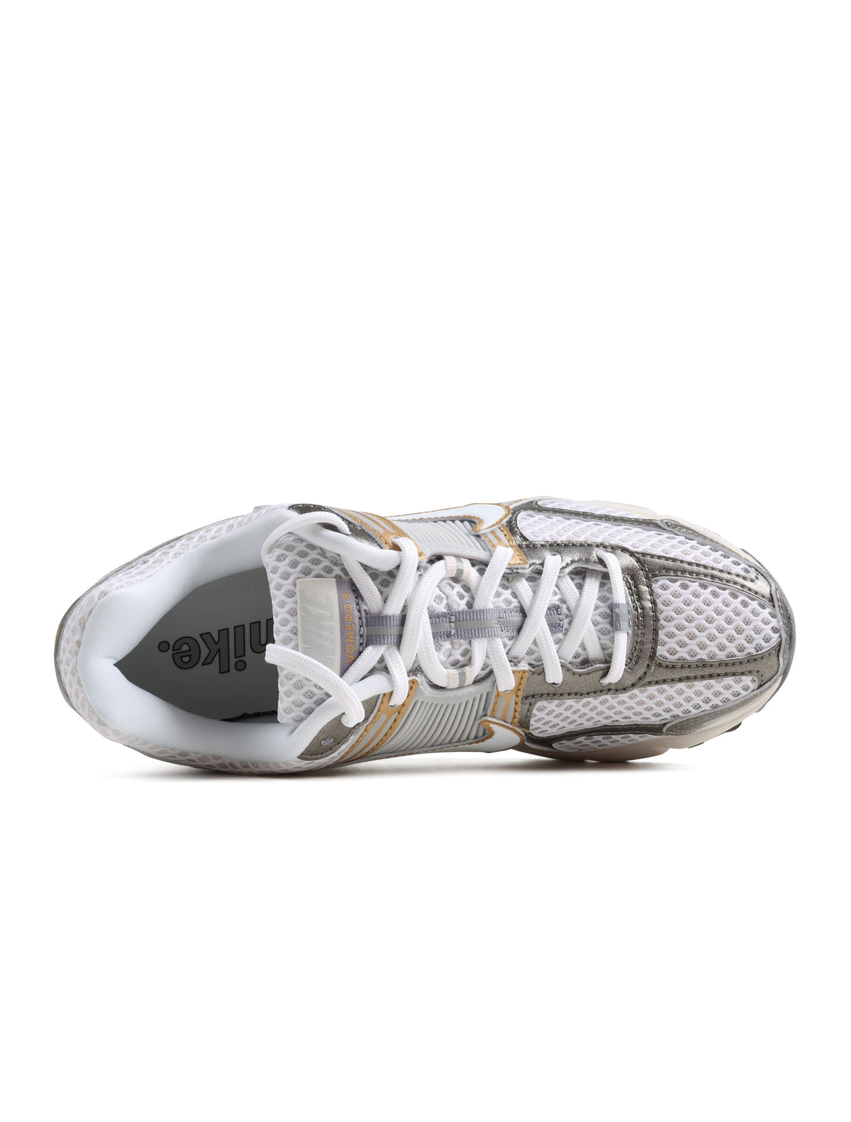 Nike men's Zoom Vomero 5 sneakers in Platinum Tint and White, side view on foot