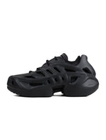 Black Adidas Mens Adifoam footwear showing the sleek design and comfortable style, ideal for casual wear.