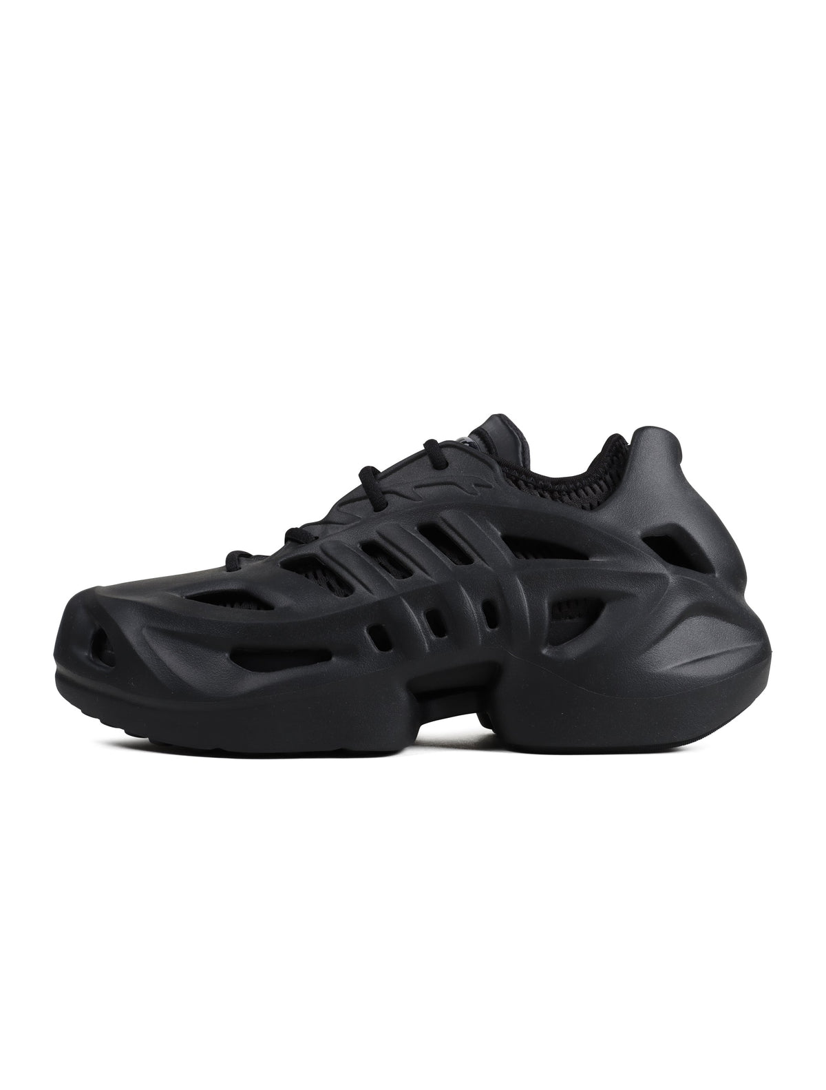 Black Adidas Mens Adifoam footwear showing the sleek design and comfortable style, ideal for casual wear.