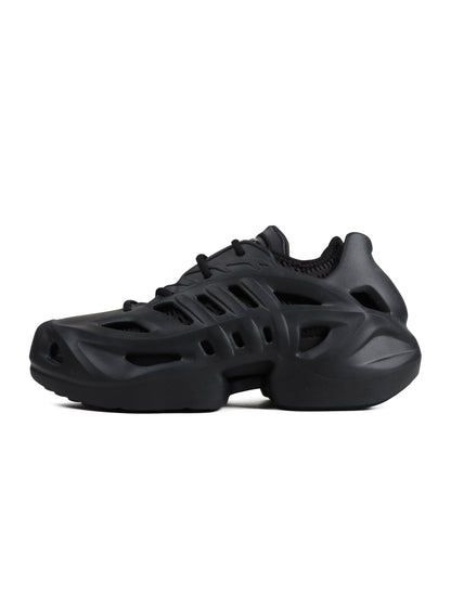 Black Adidas Mens Adifoam footwear showing the sleek design and comfortable style, ideal for casual wear.