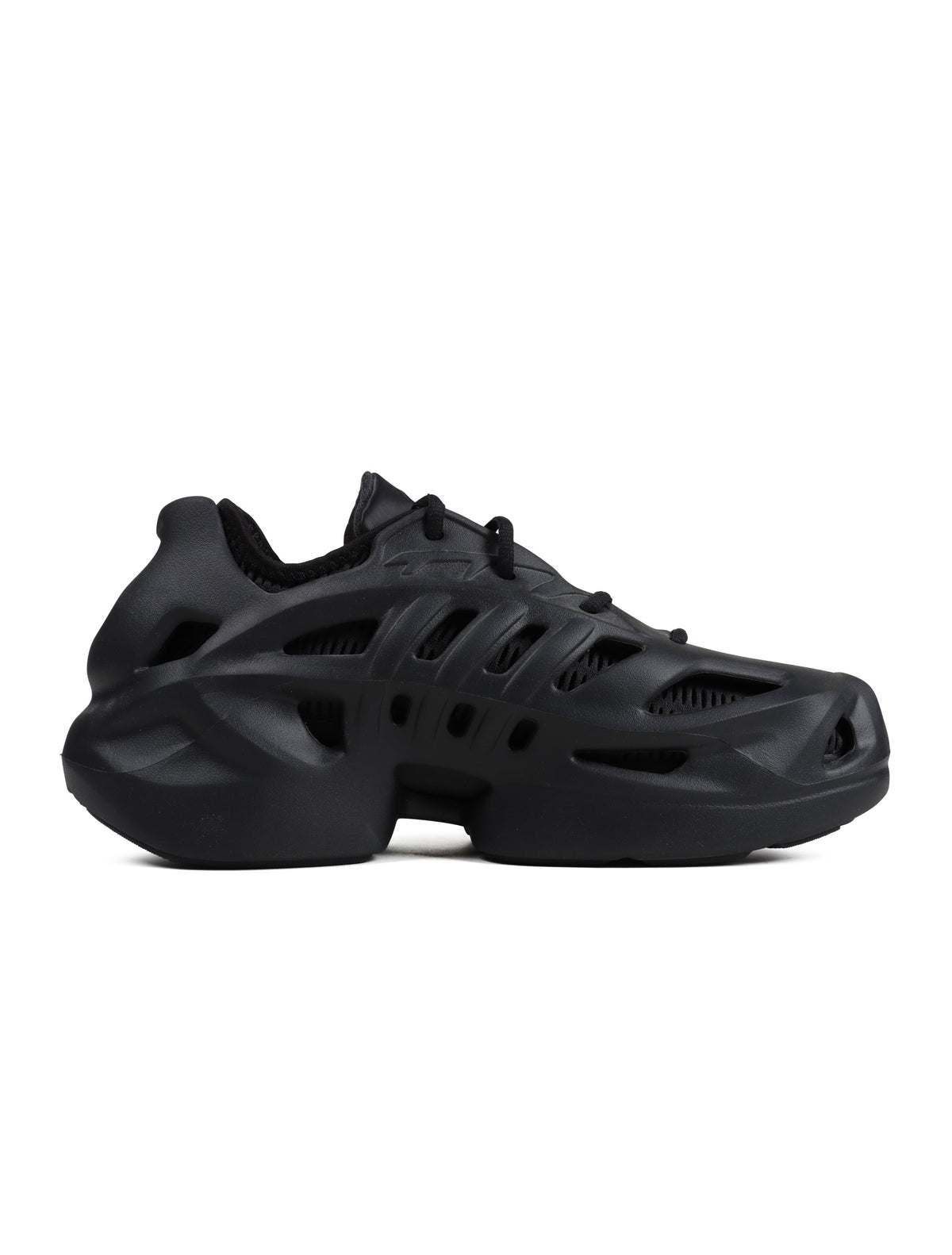 Black Adidas Mens Adifoam footwear with cushioned sole and sleek design, displayed on a white background.