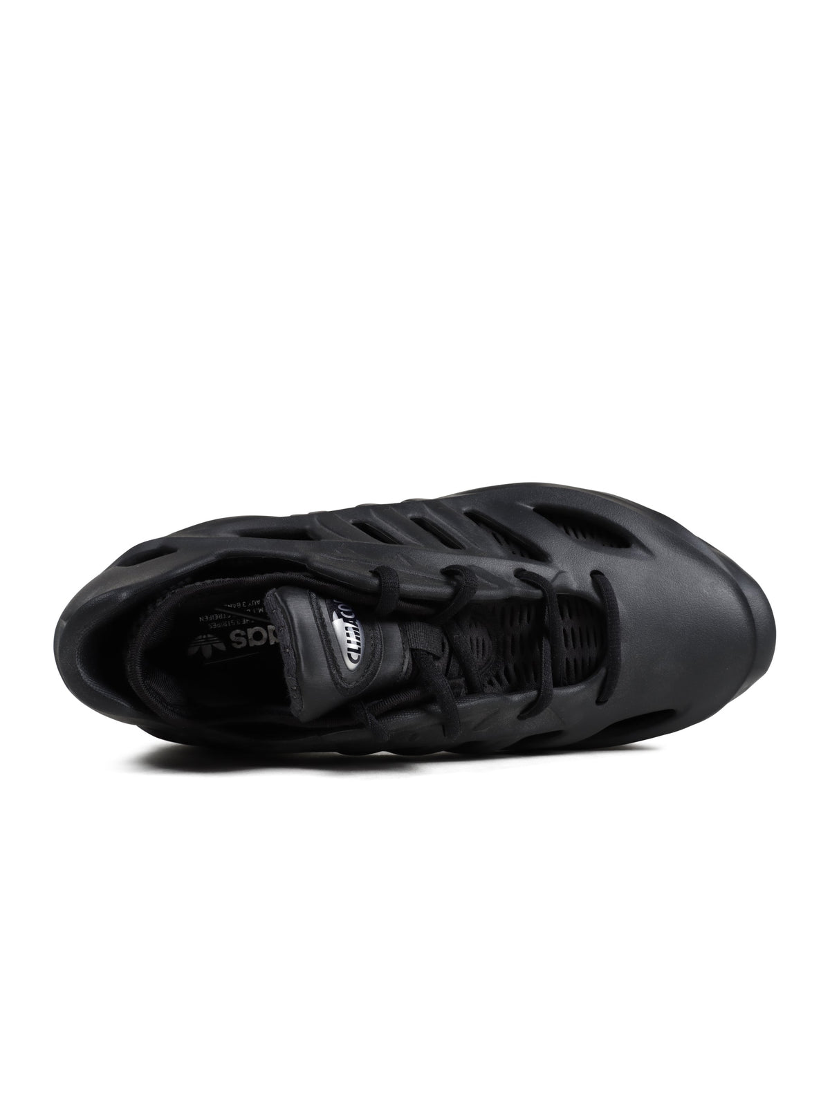Black Adidas mens Adifoam footwear featuring sleek design and comfortable cushioning, ideal for casual or athletic wear.