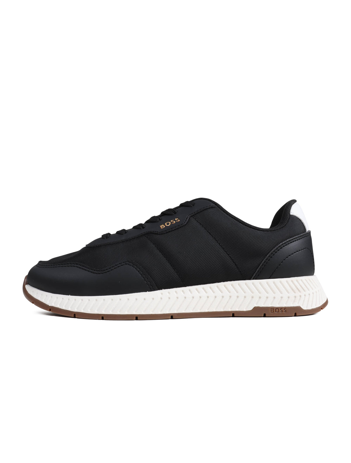 Black Boss Titanium Runn shoes for men, stylish footwear with sleek design, showcased in a clear image for Denim Exchange.