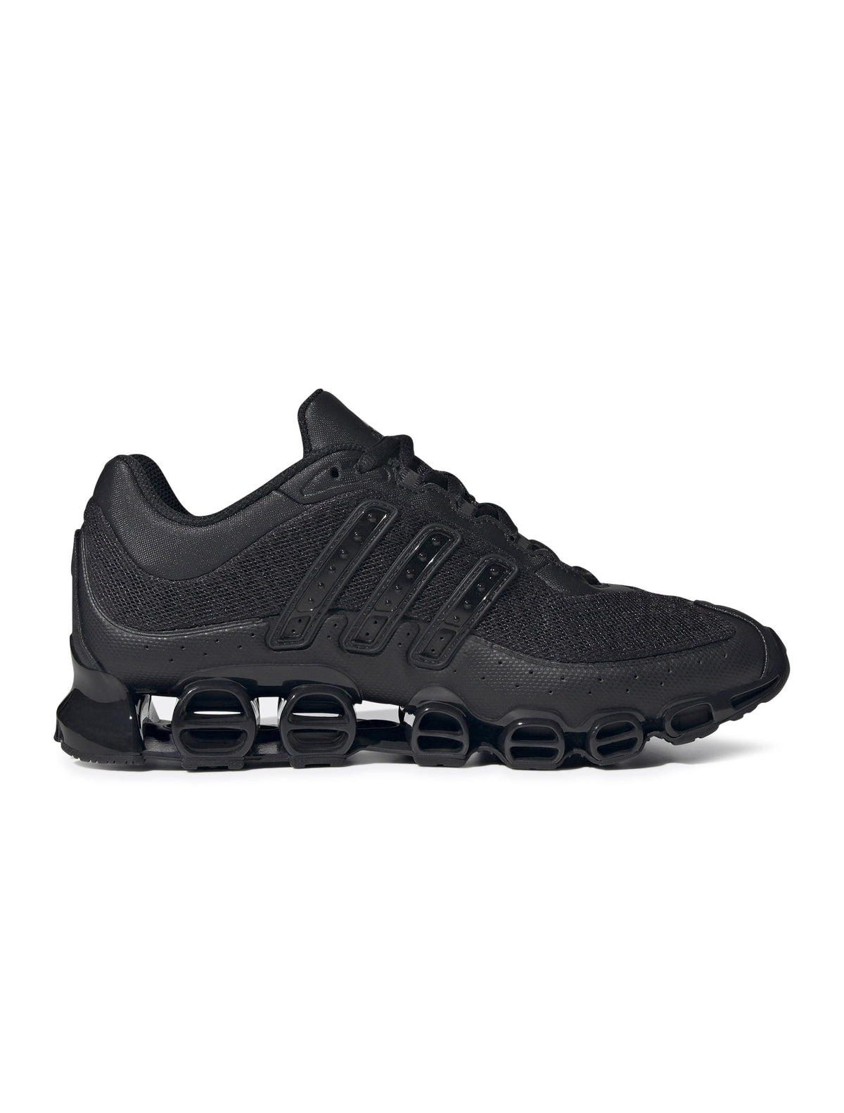 Black Adidas Mens Megaride sneakers featuring sleek design and durable rubber soles, perfect for casual and athletic wear.