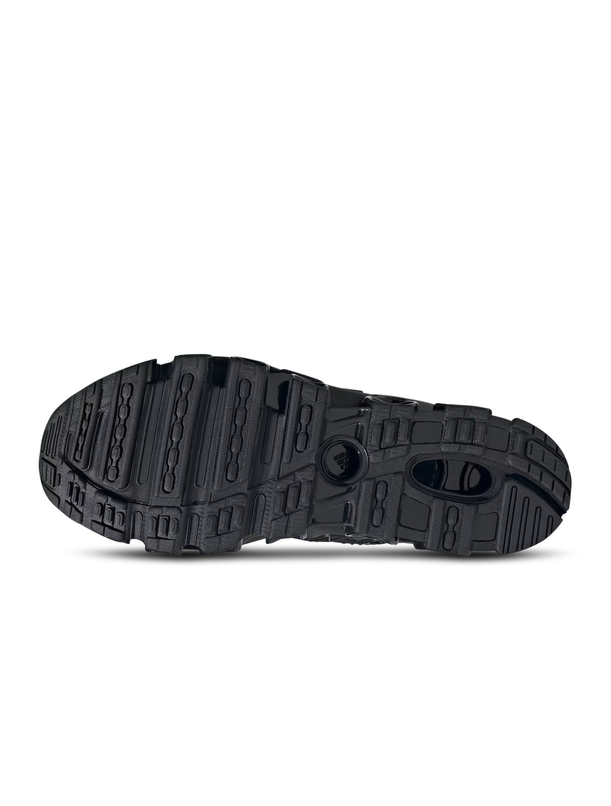 Men's Adidas Megaride sneakers in Core Black, featuring sleek design and athletic style, displayed on a neutral background.