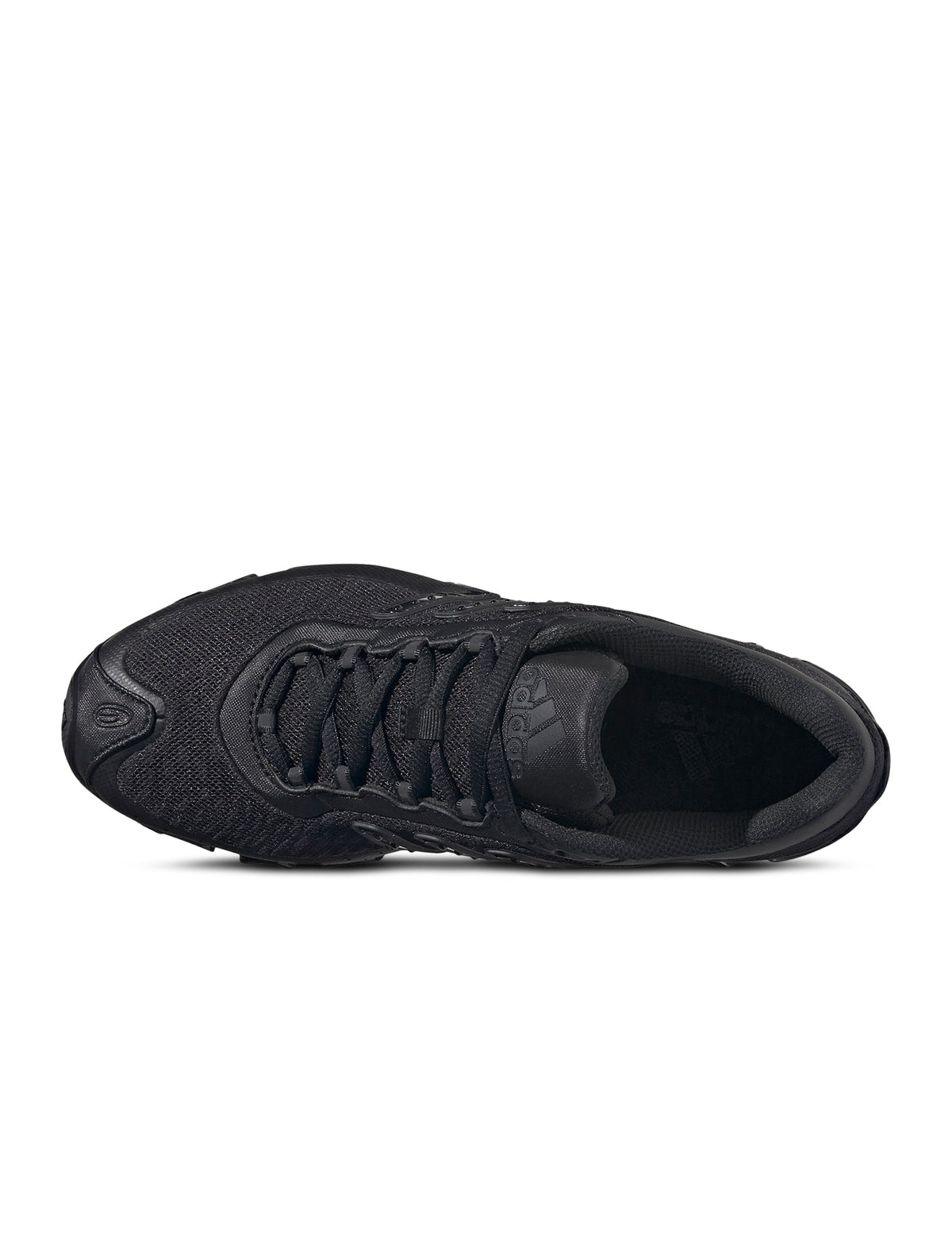 Adidas men's Megaride core black footwear showing sleek black sneakers with white accents, designed for comfort and style.