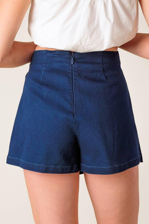 Flying Tomato denim woven skort in medium indigo with a stylish short design, perfect for casual summer outfits.