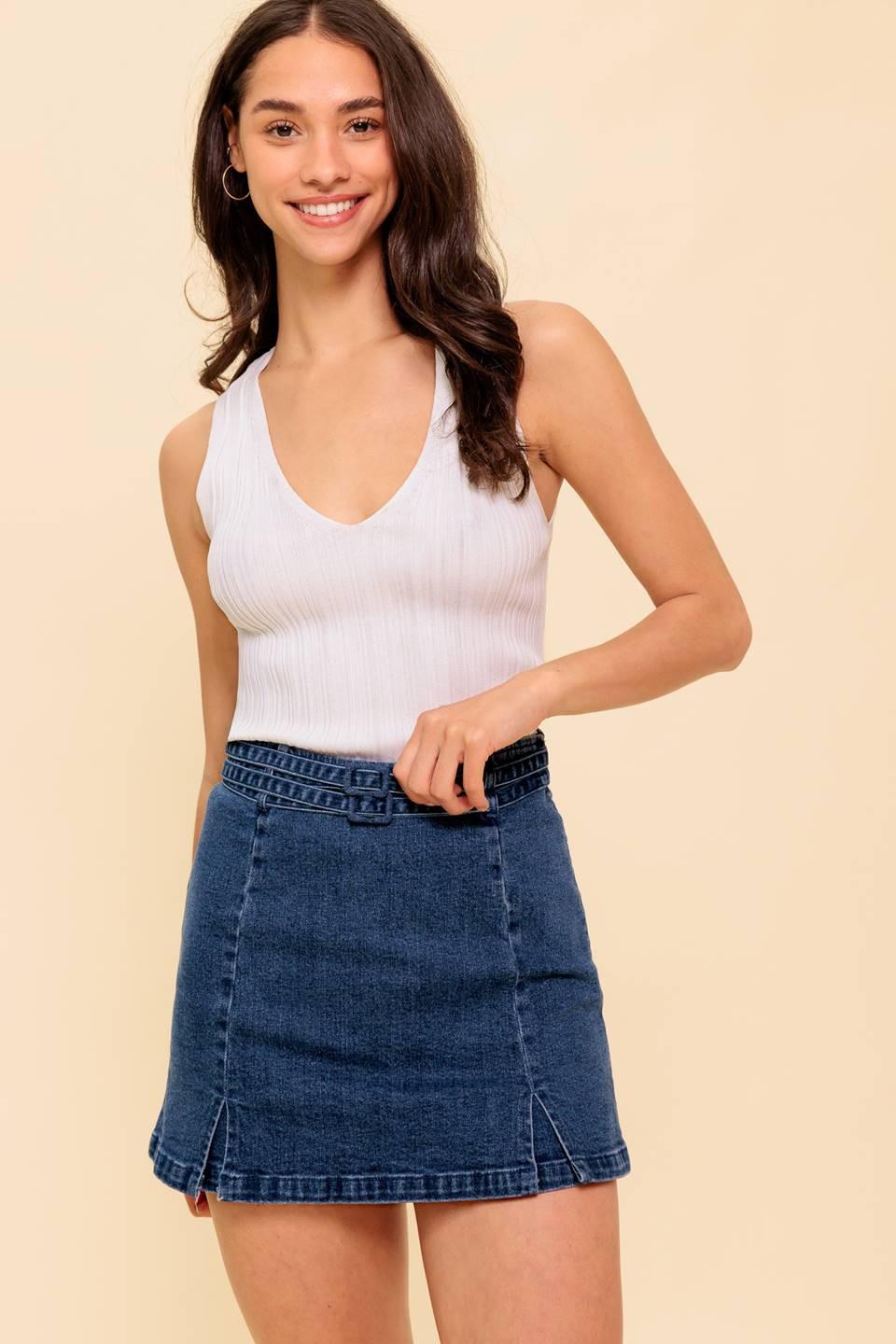 Flying Tomato Sunday Afternoons medium indigo skort, casual shorts with a comfortable fit and stylish design, shown on a model.