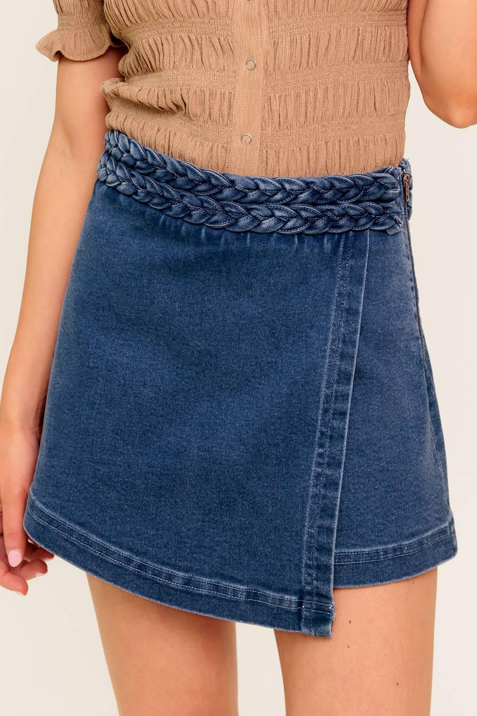 Medium indigo Flying Tomato French moss denim skort with front pockets and button closure, casual and stylish shorts for warm weather.