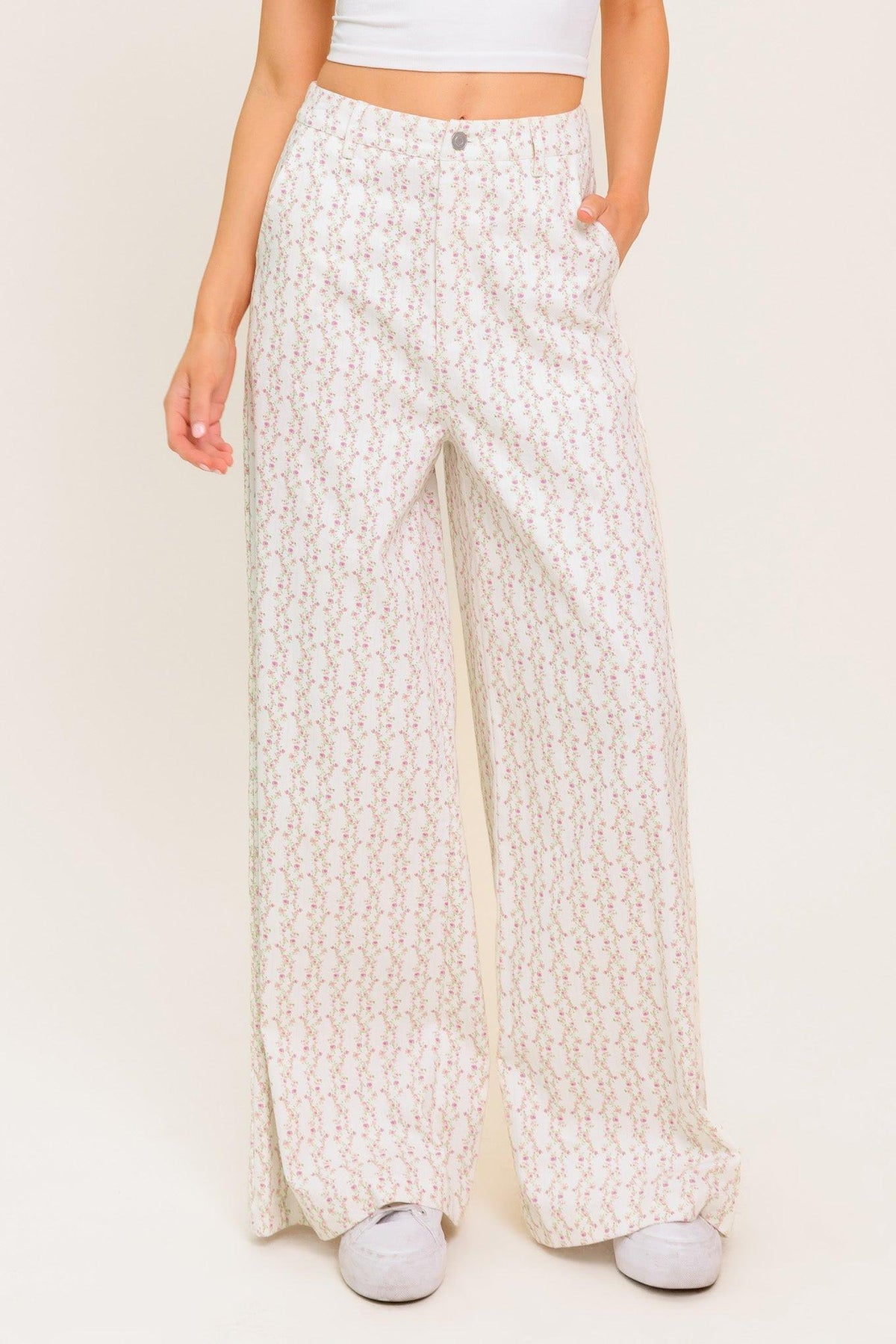 Ivory woven pants from Flying Tomato Citrus Flow collection, featuring a relaxed fit and textured fabric.
