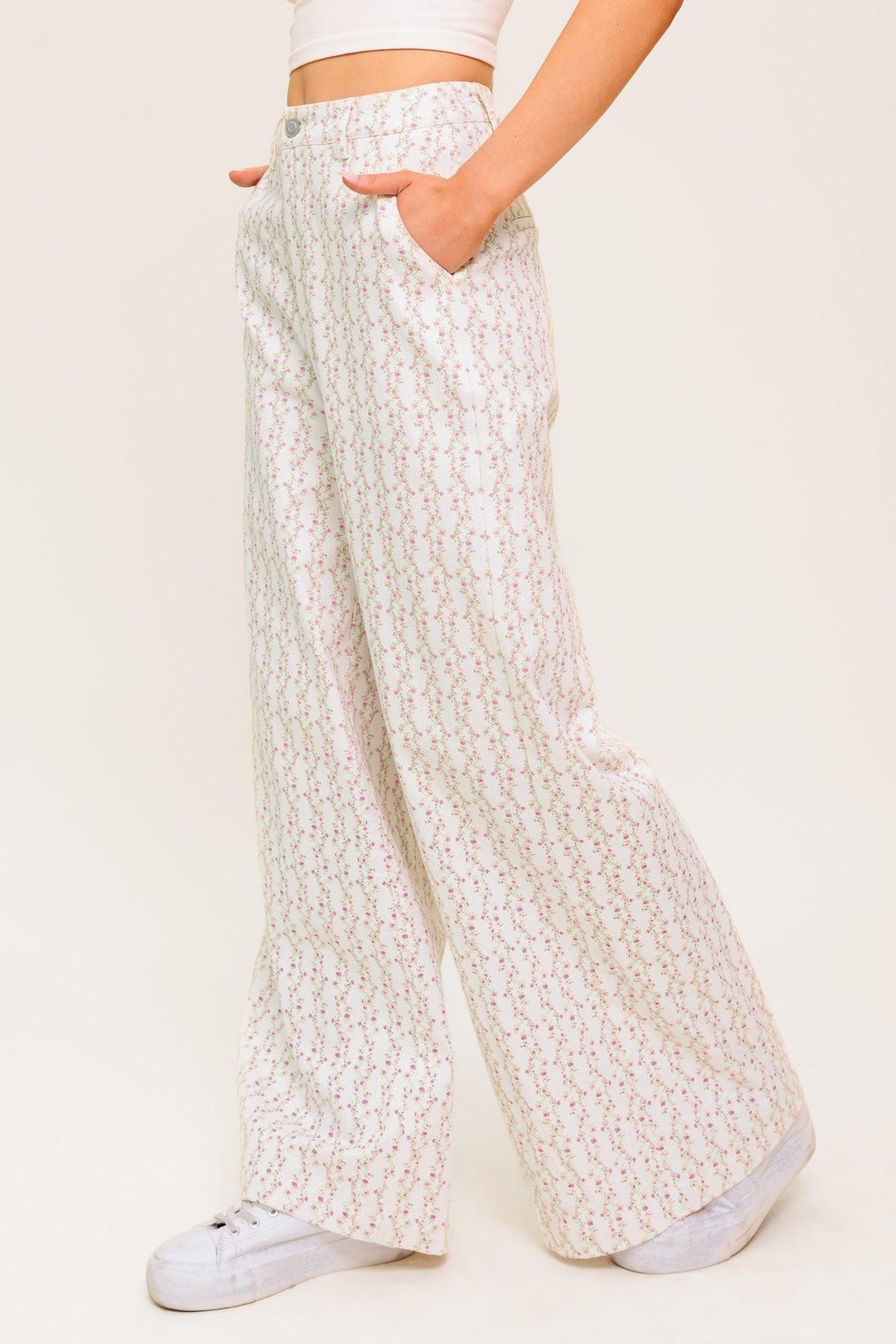 Flying Tomato Citrus Flow ivory woven pants, lightweight and stylish, with a relaxed fit and subtle woven texture.