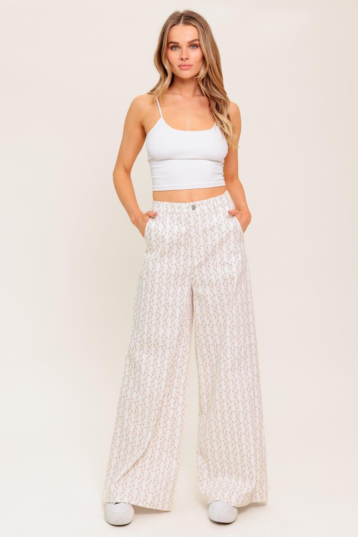 Flying Tomato Citrus Flow ivory woven pants featuring a relaxed fit and textured fabric, displayed on a neutral background.