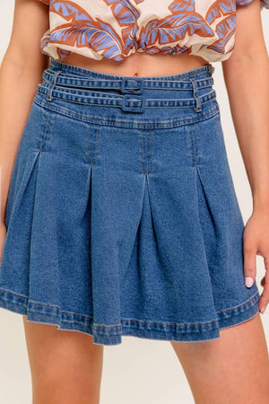 Flying Tomato DreamMist medium indigo denim skort, casual shorts with a stylish design, shown on a model.