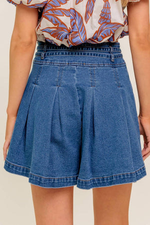 Flying Tomato DreamMist medium indigo denim skort, casual shorts with a stylish denim look, front and back view.