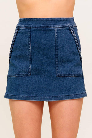 Flying Tomato Moonlight Embrace medium indigo denim skort, casual shorts with a stylish design and front pockets.