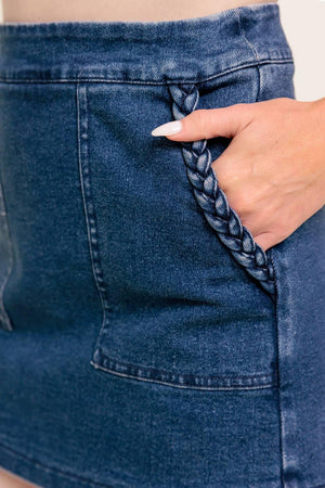 Flying Tomato Moonlight Embrace medium indigo denim skort, casual shorts with a stylish front design and belt loops.