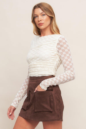 Flying Tomato Western Romance faux suede skort shorts in brown, featuring a stylish and comfortable design with a flattering fit.