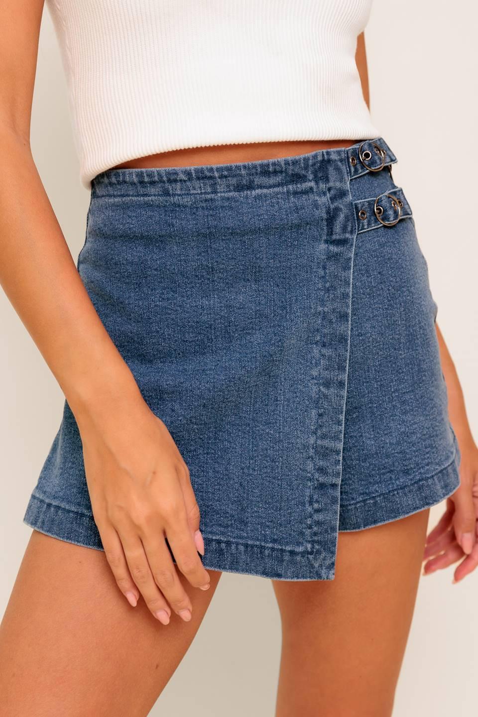 Flying Tomato Wild Blue Mornings denim skort shorts with medium indigo wash, featuring a stylish casual design.