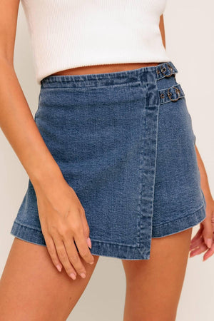 Flying Tomato Wild Blue Mornings denim skort shorts with medium indigo wash, featuring a stylish casual design.