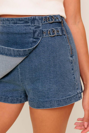 Flying Tomato Wild Blue Mornings denim skort, medium indigo shorts with front pockets and frayed hem, casual summer style.