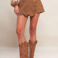 Flying Tomato desert flower faux suede skort, camel-colored shorts with floral print, featuring a comfortable waistband and stylish design.