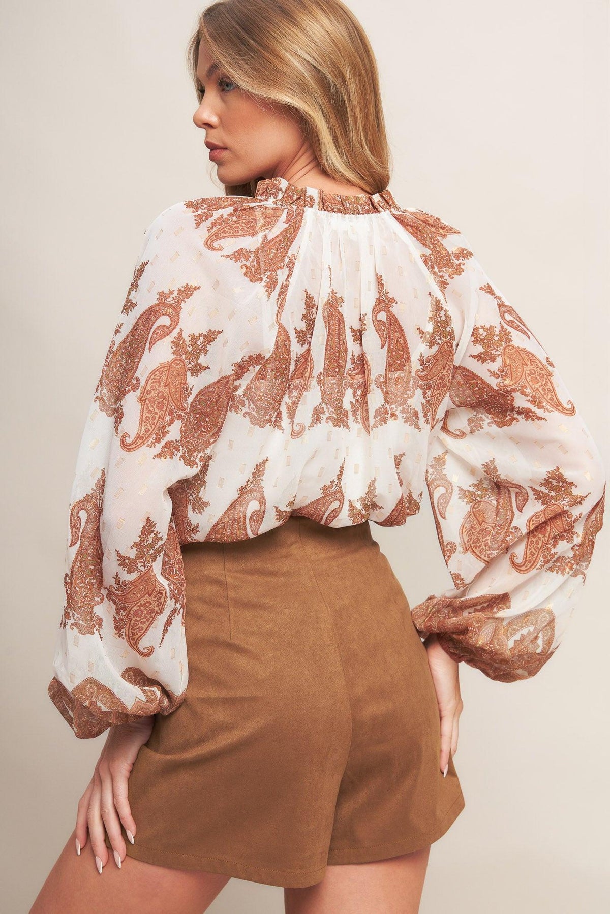 Flying Tomato desert flower faux suede skort, camel-colored shorts with floral design, casual and stylish for warm weather.