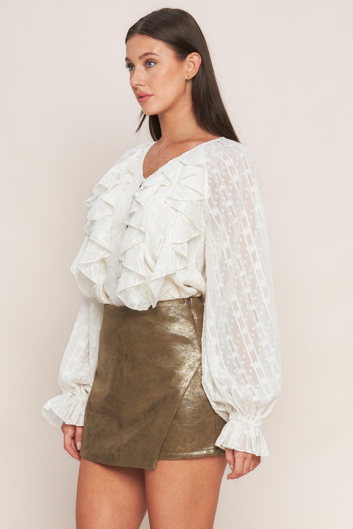 Flying Tomato Studio 24K faux leather skort in bronze, showing the front view with smooth fabric and stylish design.