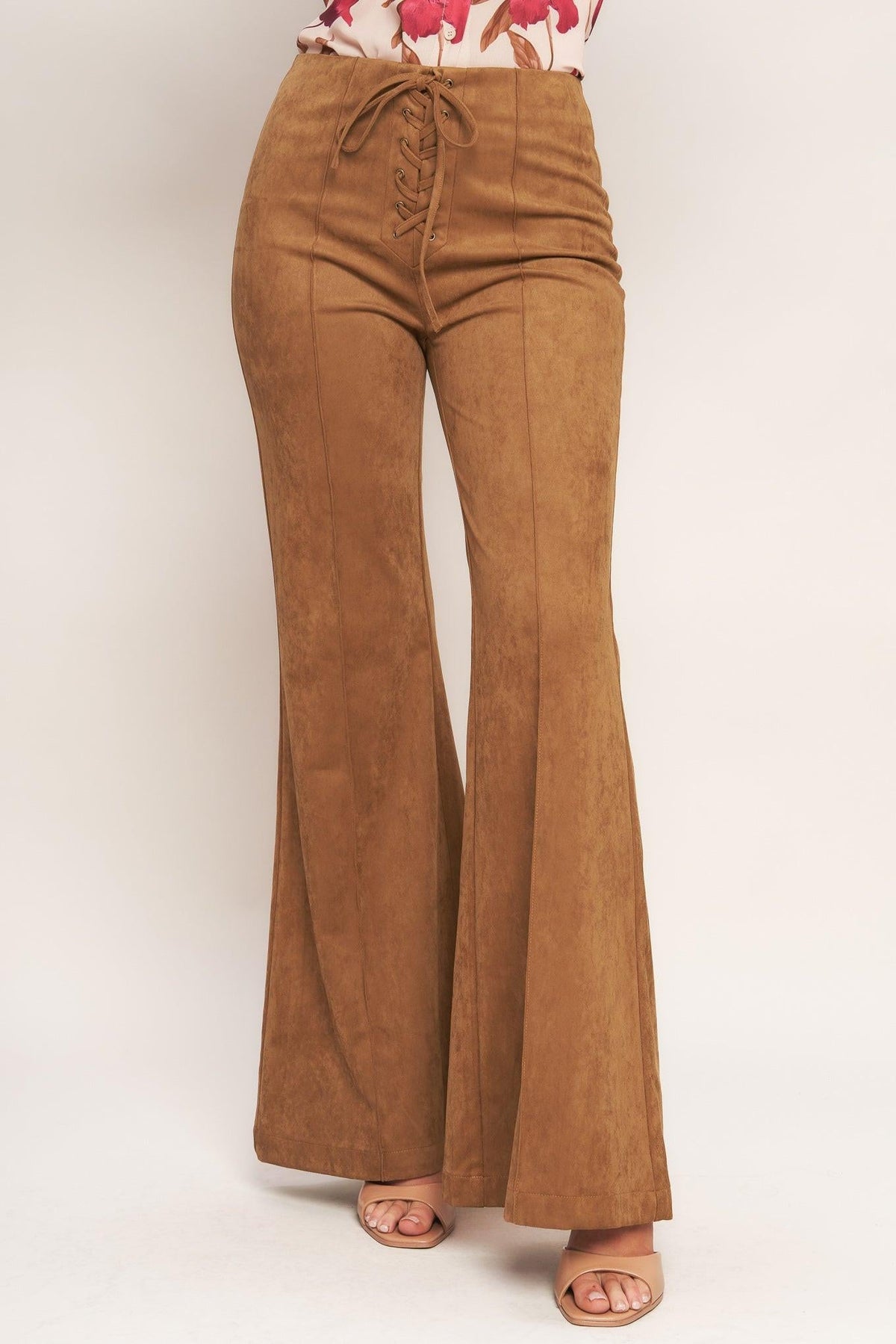 Flying Tomato Wild Honey faux suede pants in camel, stylish and comfortable pants with a smooth, soft faux suede texture.