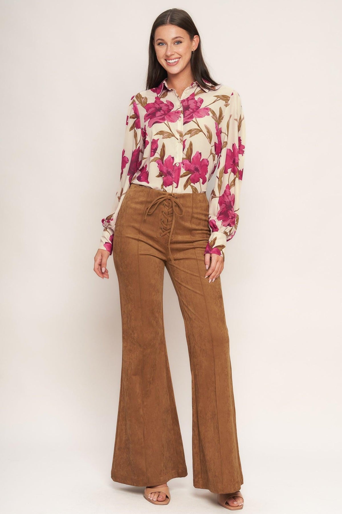Flying Tomato Wild Honey faux suede pants in camel color, stylish and comfortable pants with a soft texture.