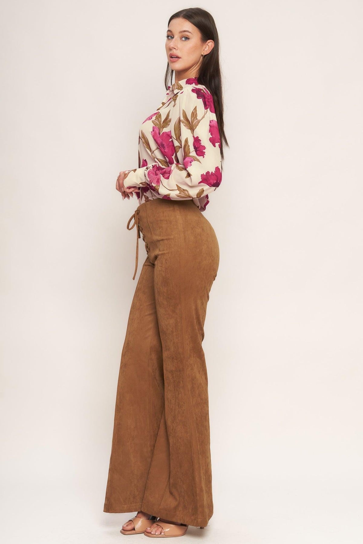 Flying Tomato Wild Honey faux suede pants in camel color, showing the relaxed fit and soft texture of the pants.