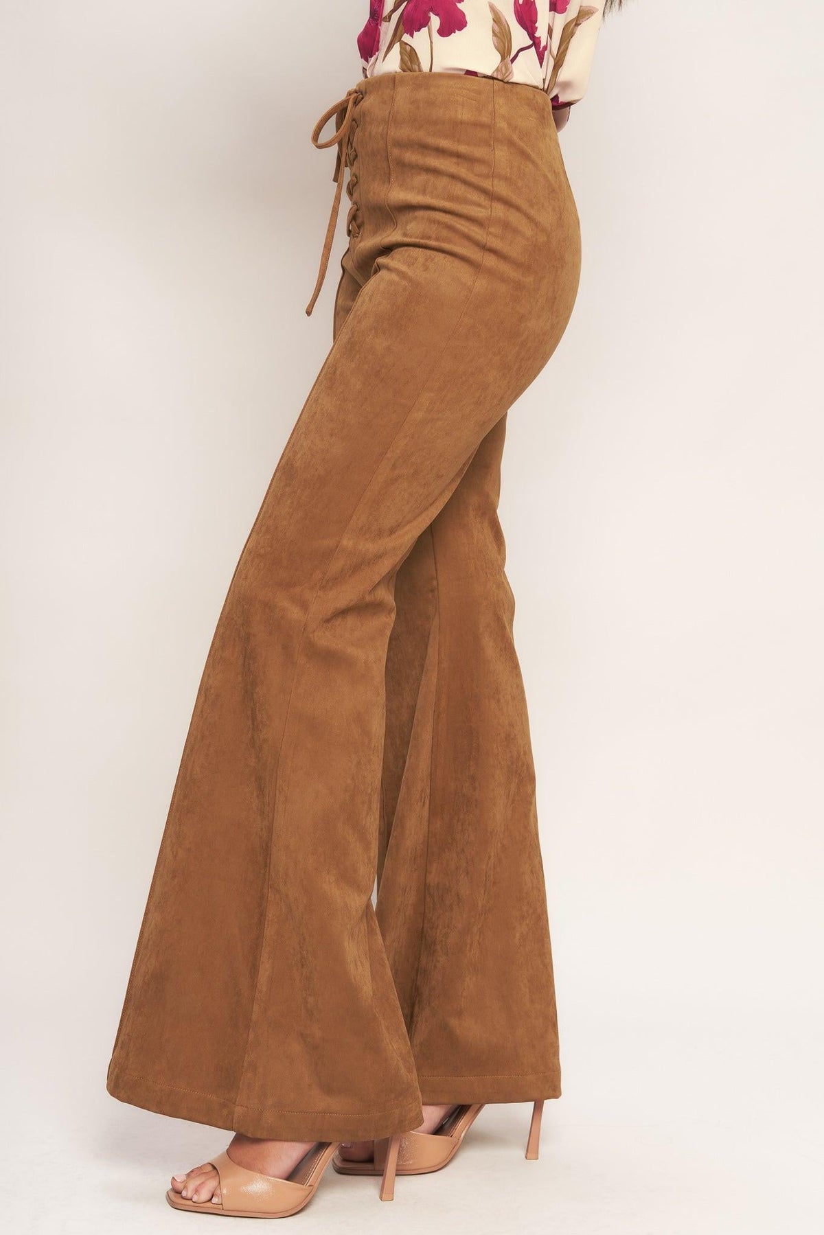 Flying Tomato WILD HONEY faux suede pants in camel, featuring a stylish, soft fabric and tailored fit.