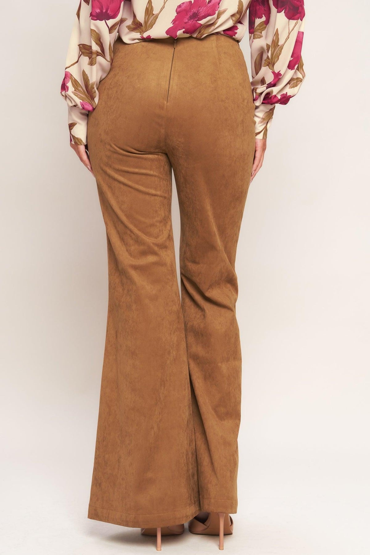 Flying Tomato Wild Honey faux suede pants in camel color, featuring a relaxed fit and stylish design.