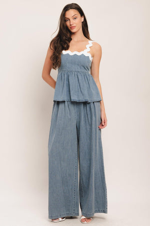 Light indigo relaxed drape lightweight denim pants by Flying Tomato, front view showing casual fit and soft fabric.