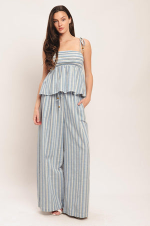 Flying Tomato Coastal Day Strip Woven Pants in ivory and blue, featuring lightweight fabric with a relaxed fit and striped pattern.