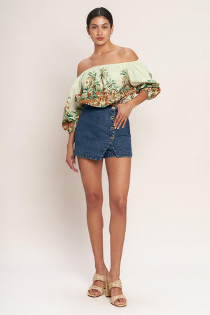 Flying Tomato No Second Thought denim skirt shorts in medium indigo, showcasing classic denim fabric and stylish fit.