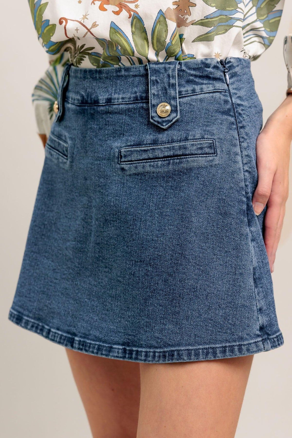Flying Tomato Heart Eyes denim skort, medium indigo shorts with heart eye graphic design, casual and stylish for summer wear.