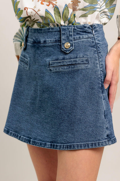 Flying Tomato Heart Eyes denim skort, medium indigo shorts with heart eye graphic design, casual and stylish for summer wear.