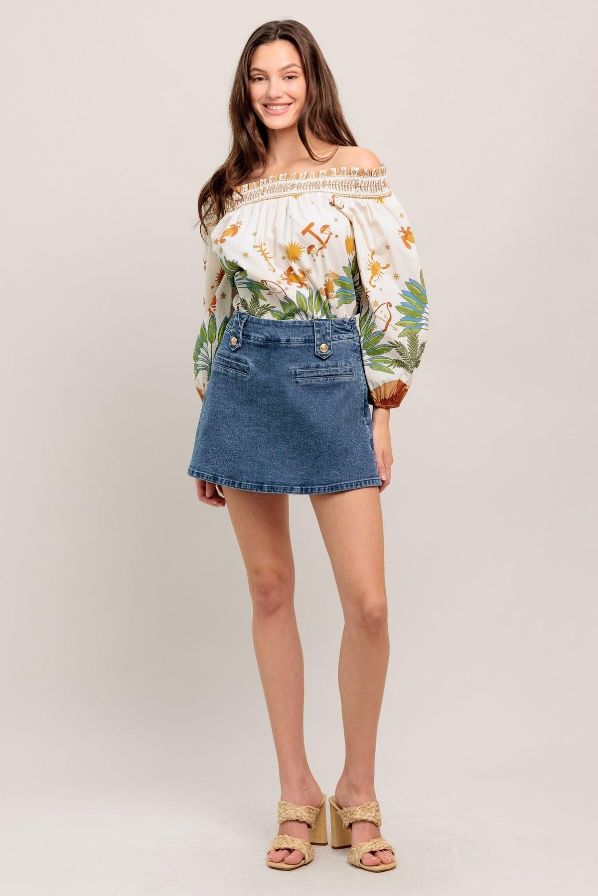 Flying Tomato Heart Eyes denim skort, medium indigo shorts with heart eye graphic, casual and trendy summer wear.